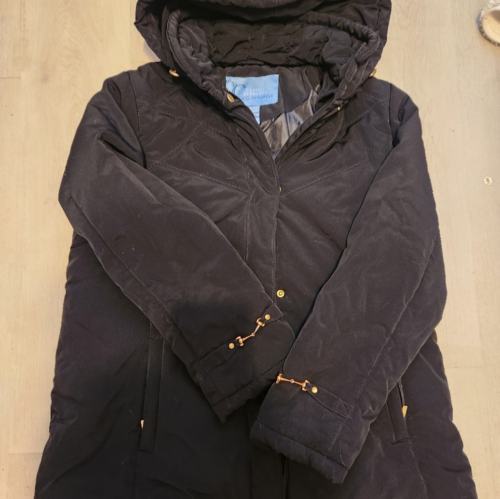 Classic Elements women's puffer jacket, black, size large.  Removable hood.